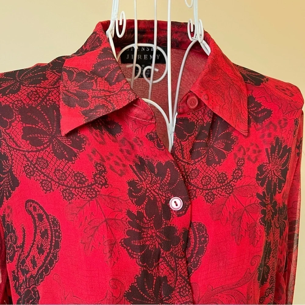 Vintage Spencer Jeremy Silk Semi Sheer Button Down Blouse Fringe red black SZ 10 - Picture 3 of 7